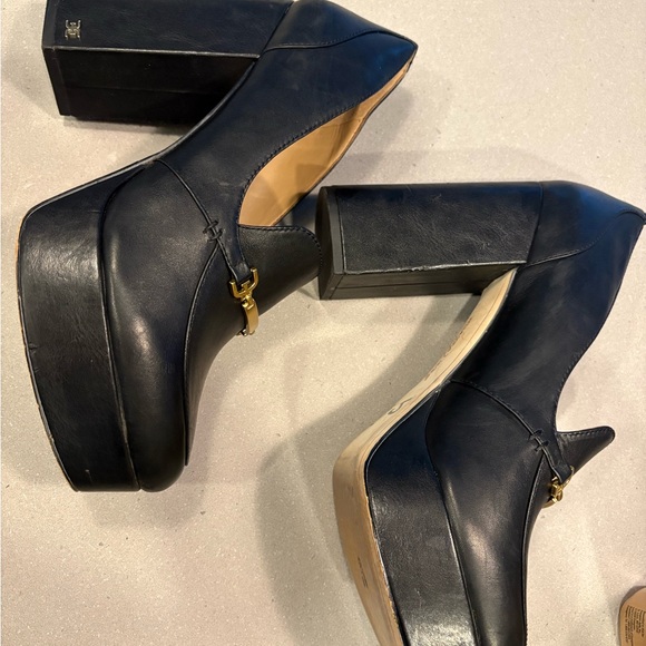 Sam Edelman Y2K stacked chunky black leather gold buckle loafers sz 10 - Picture 2 of 9